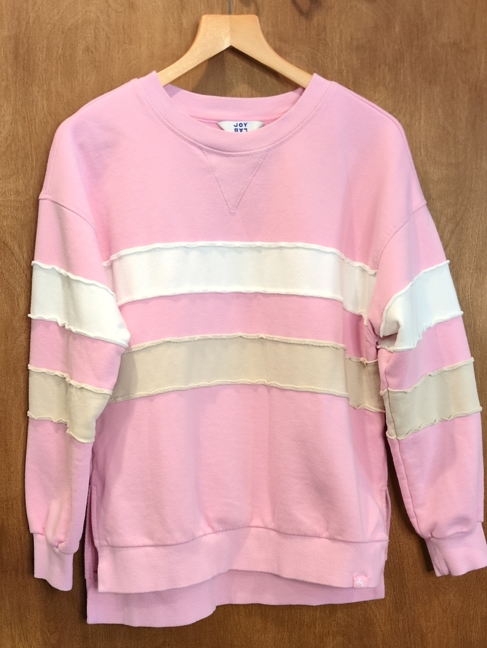 JoyLab Pink Crewneck Sweatshirt with White and Beige Stripes Size XS